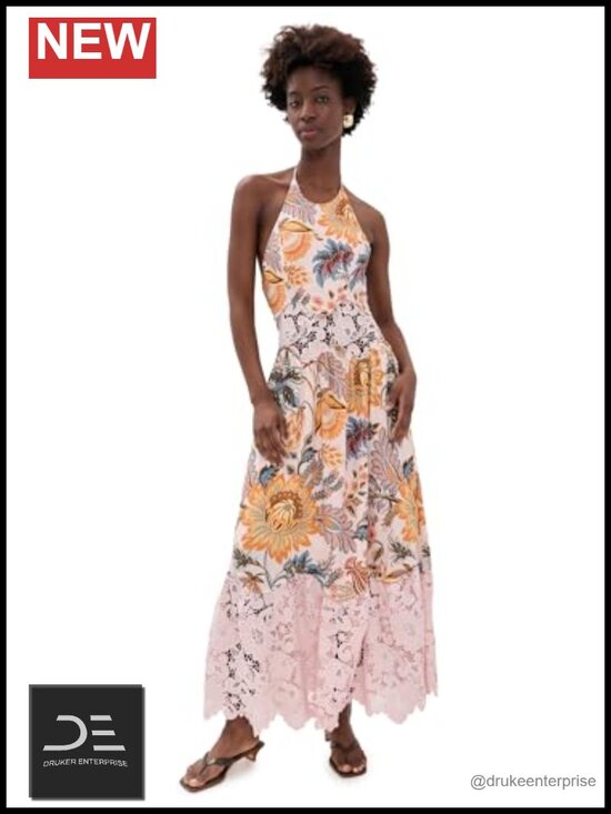 Dresses & Skirts - Linen Maxi Dress with Lace Details Halter Beaded Straps